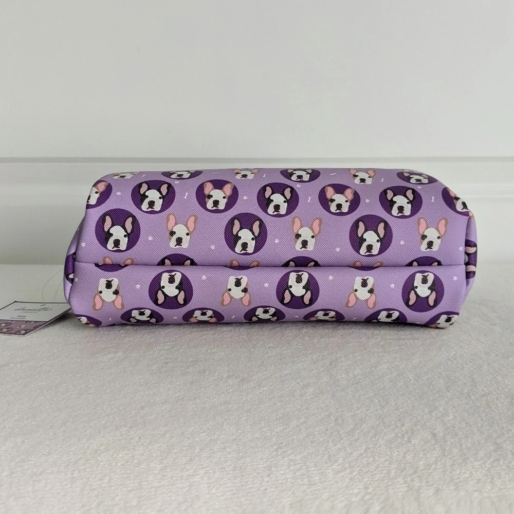 Boston Terrier Frenchie Cosmetic Bag Case Saffiano Vinyl Purple Lined NWT